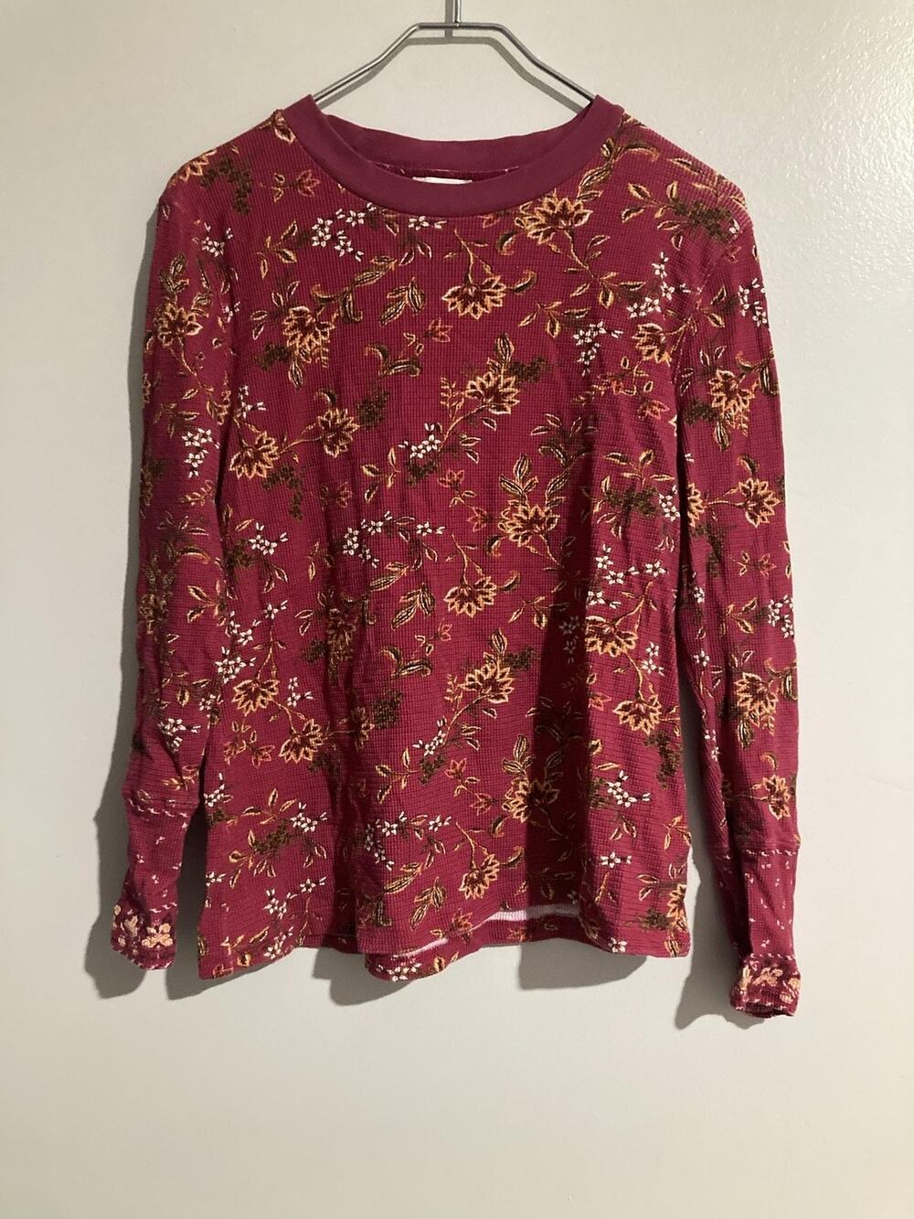 Sundance T-Shirt Womens XL Red Floral Long Sleeve Crew Neck Cotton Blend